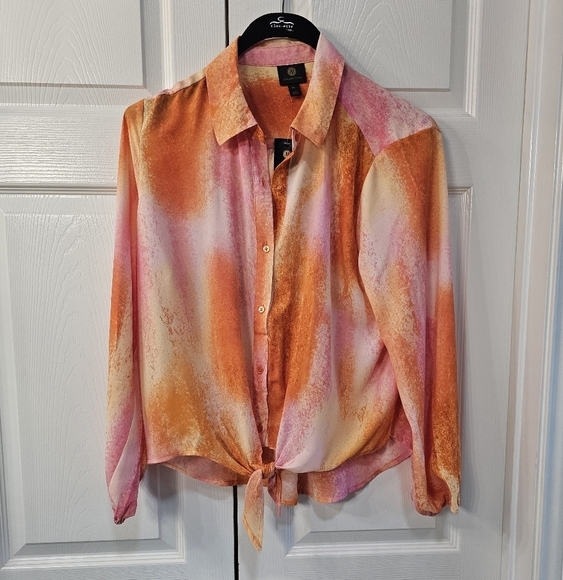 NWT JM Collection Petite Dye Dreams Tie-Front Blouse PXL Tangerine - Picture 2 of 15